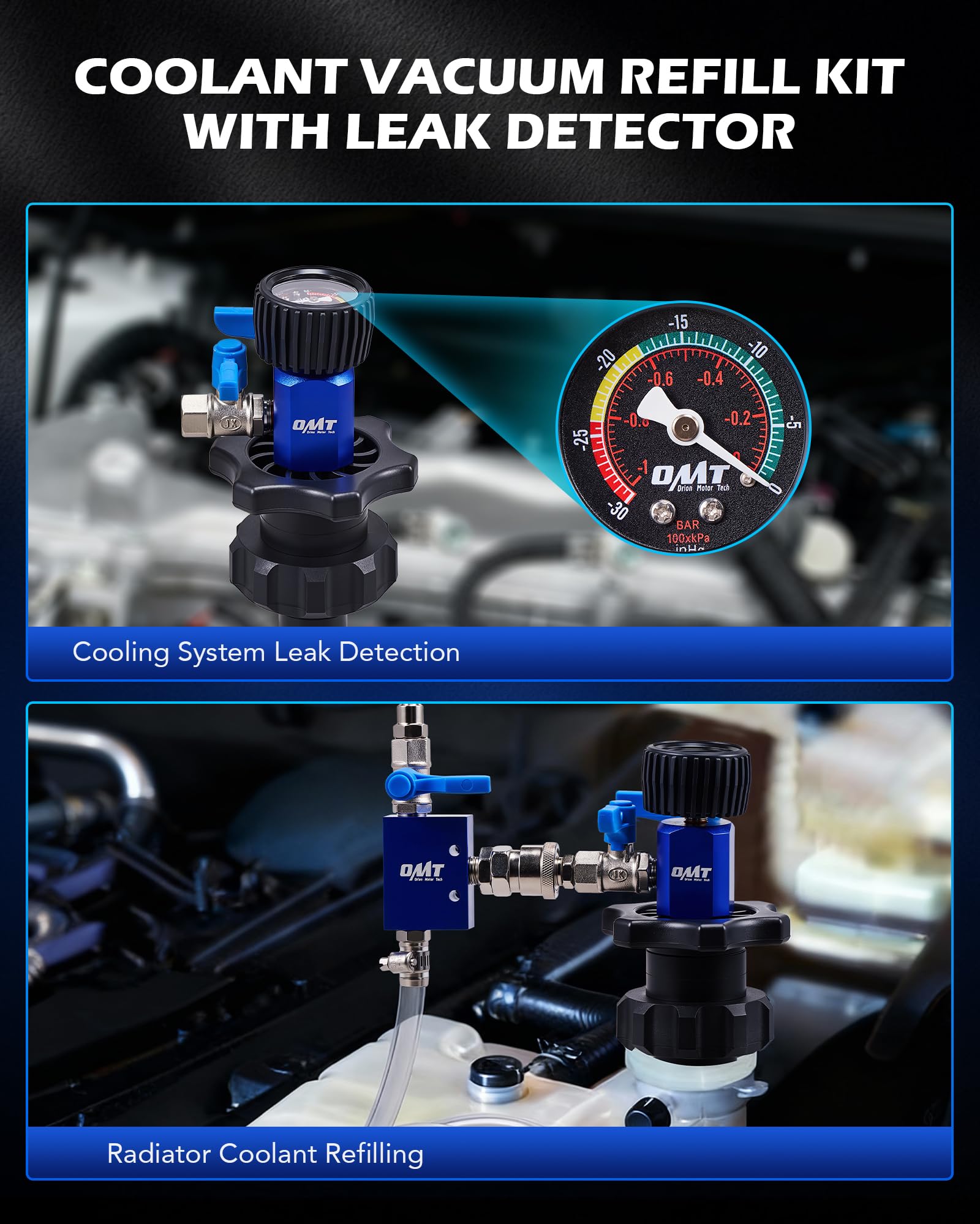 Orion Motor Tech dual-movement gauge closeup showing precise vacuum readings for accuracy