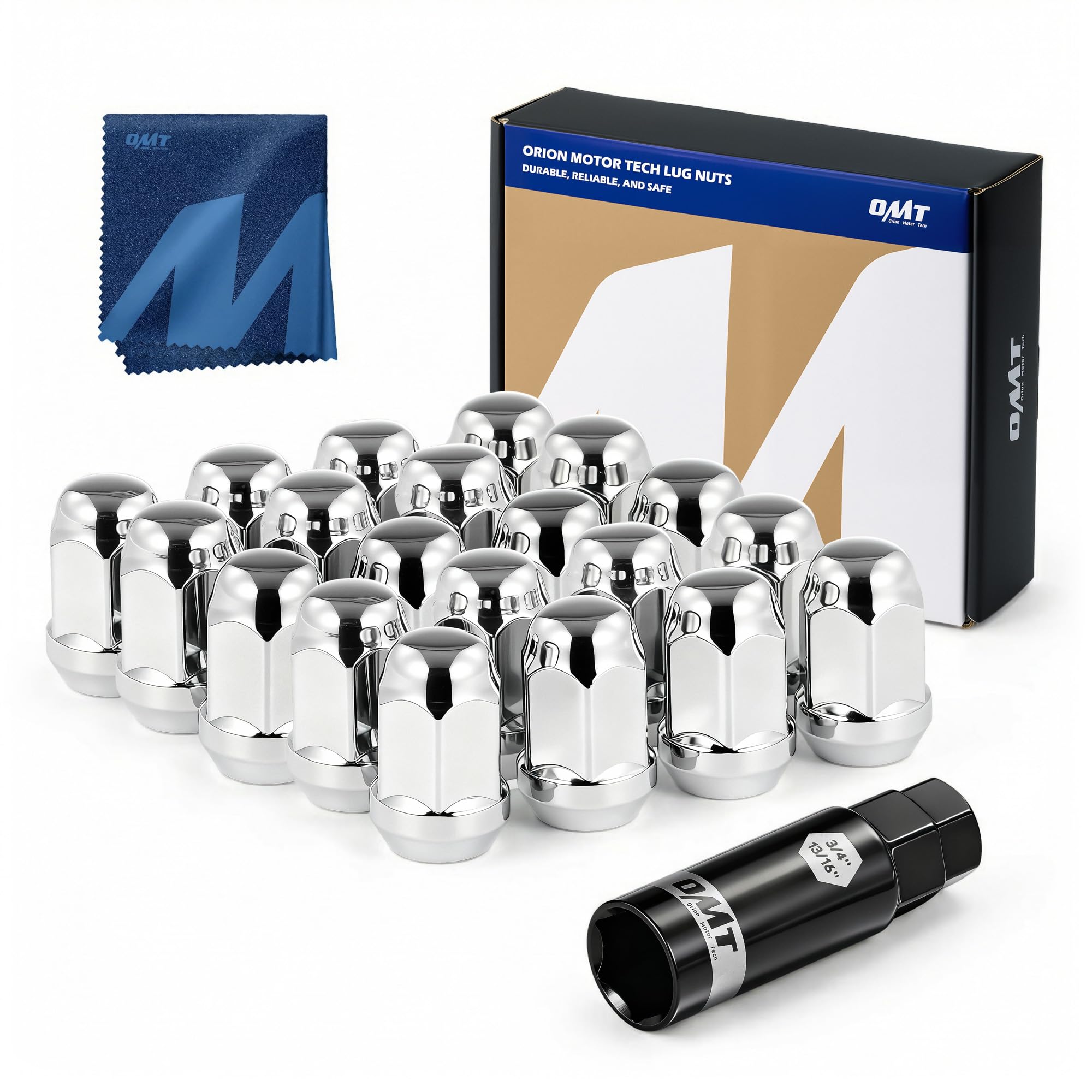 Orion Motor Tech front view of full 20-piece lug nut set and socket for quick replacement