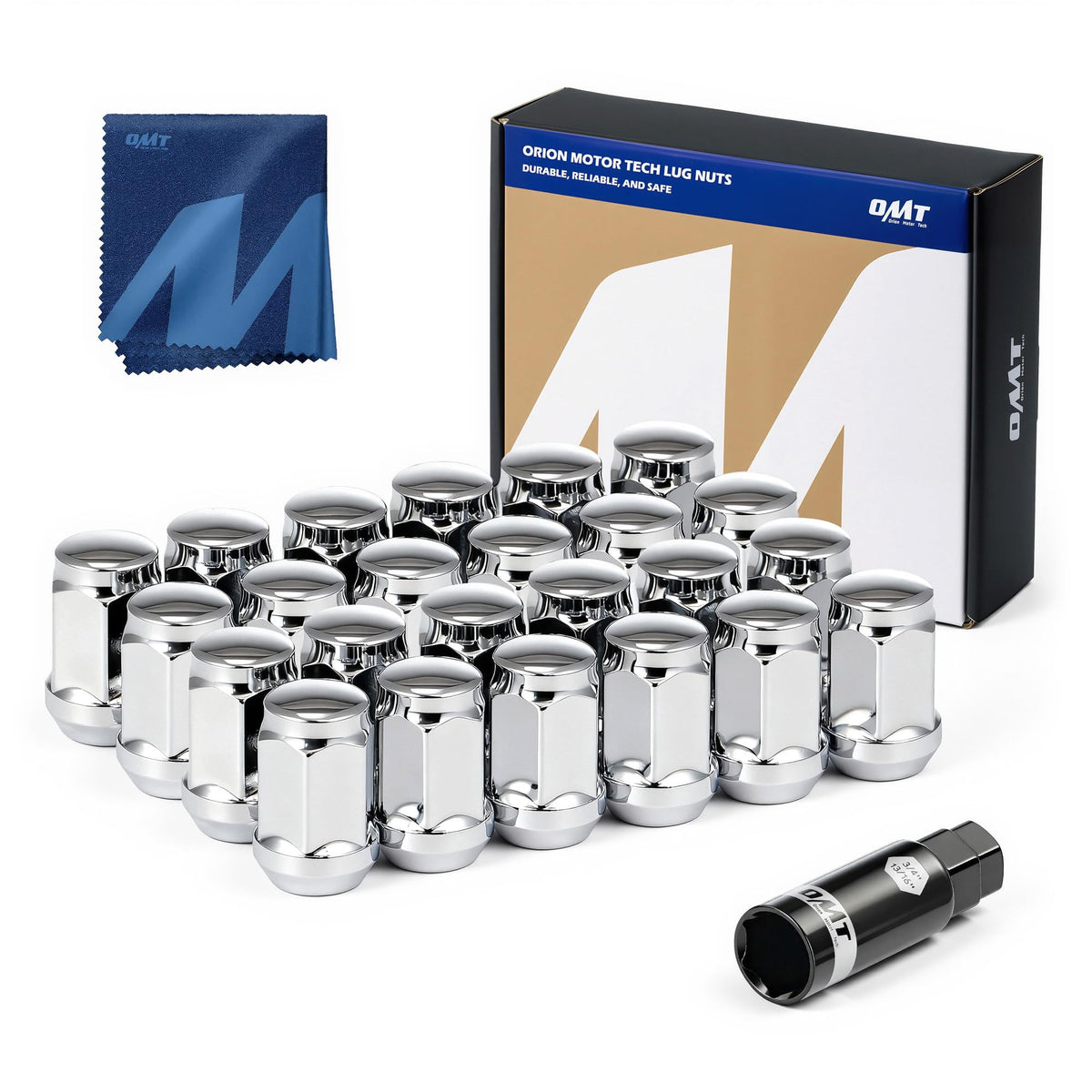 Orion Motor Tech front view of 24 lug nuts kit showing completeness and fit benefit