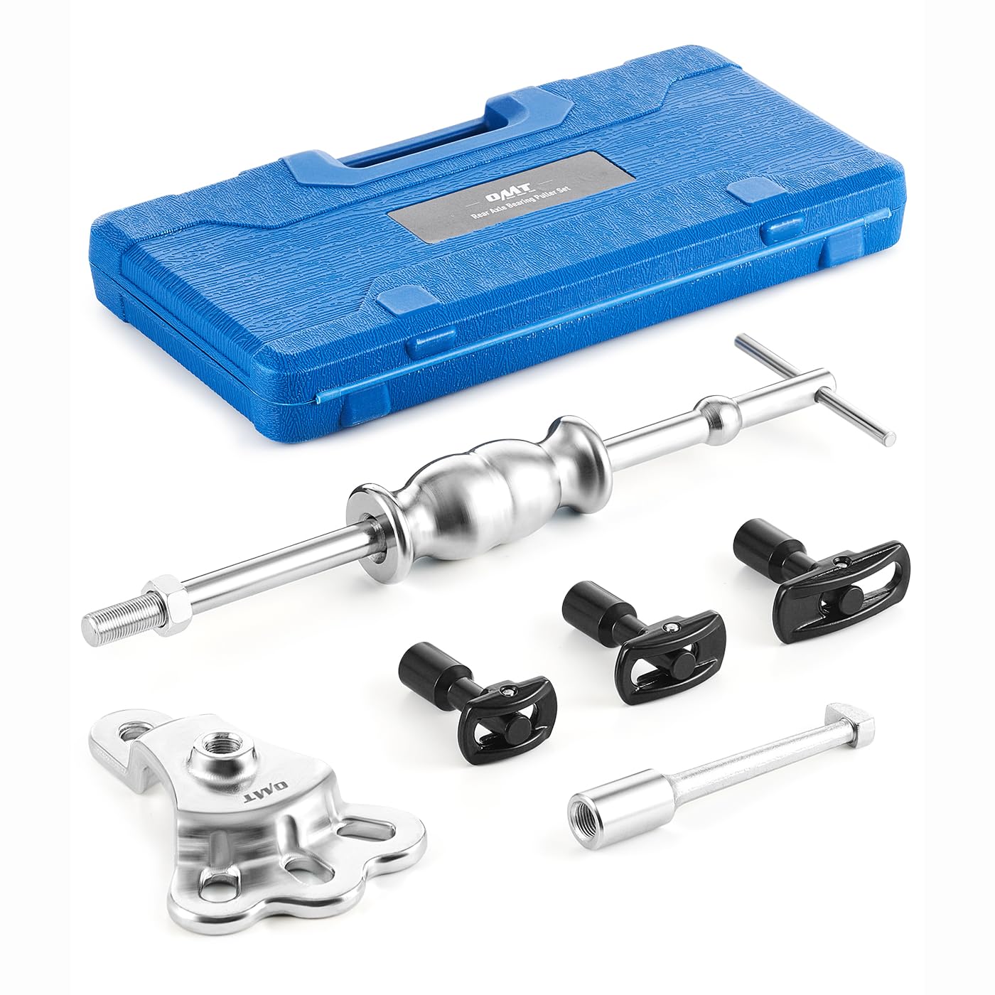 Orion Motor Tech front packaging of the OMT axle puller kit showing all pieces and labeling, clear organization for quick selection