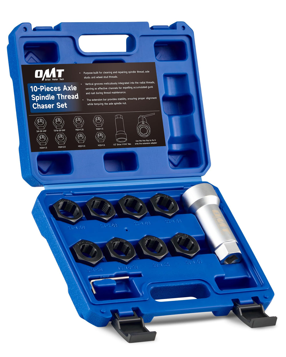 Orion Motor Tech front packaging showing full axle threading kit and benefits