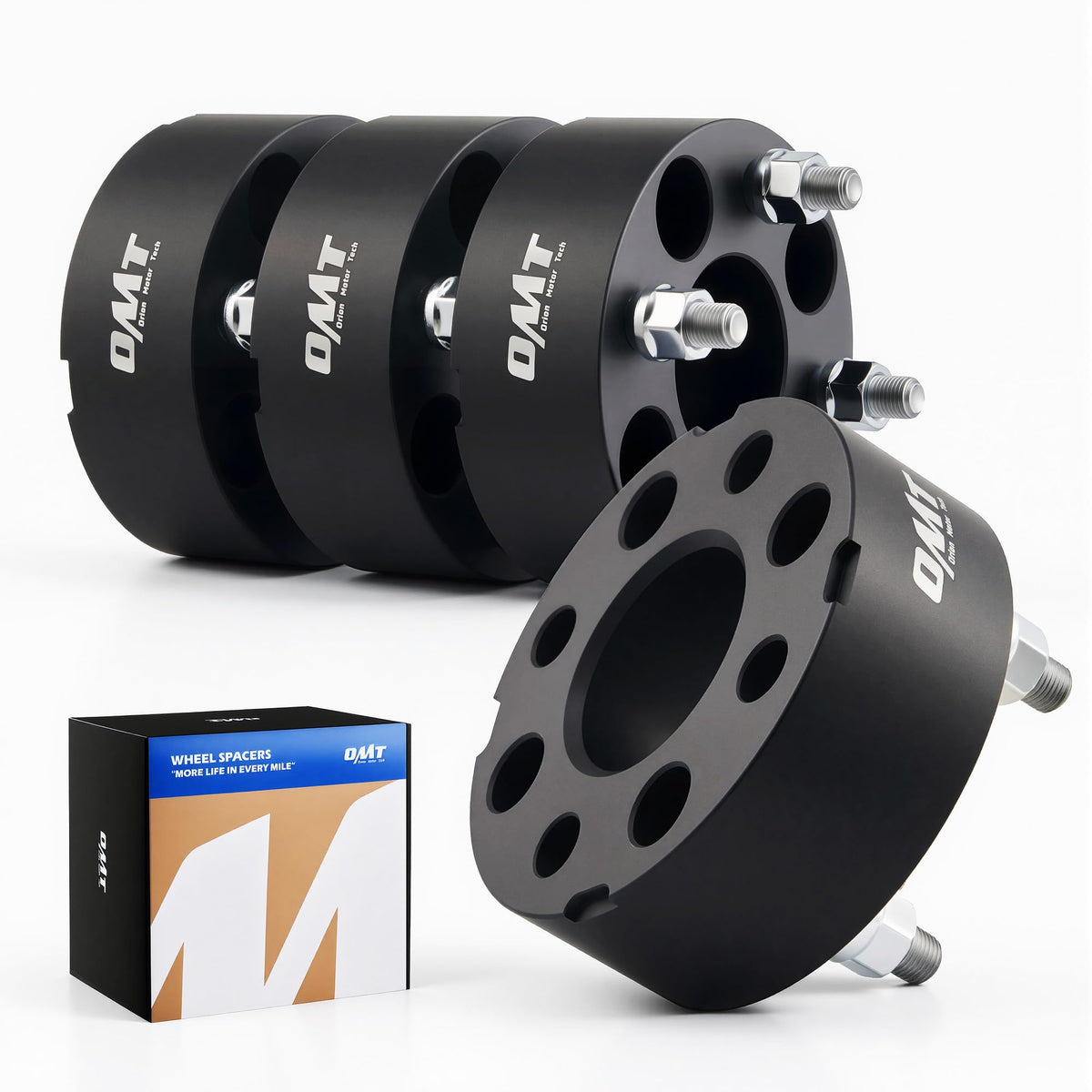 Orion Motor Tech front view of four wheel spacers showing solid aluminum construction and fit benefit
