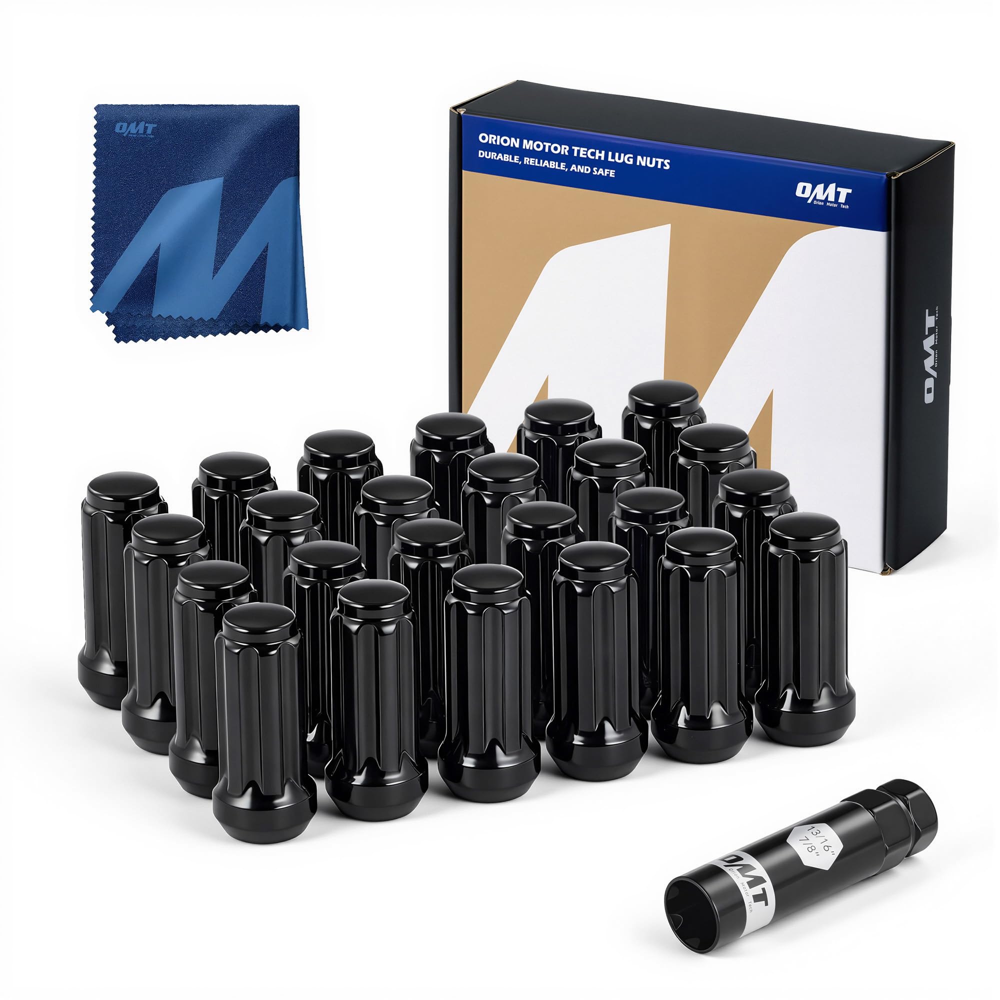 Orion Motor Tech front packaging showing full 24-piece lug nut set and socket key benefit: complete replacement kit