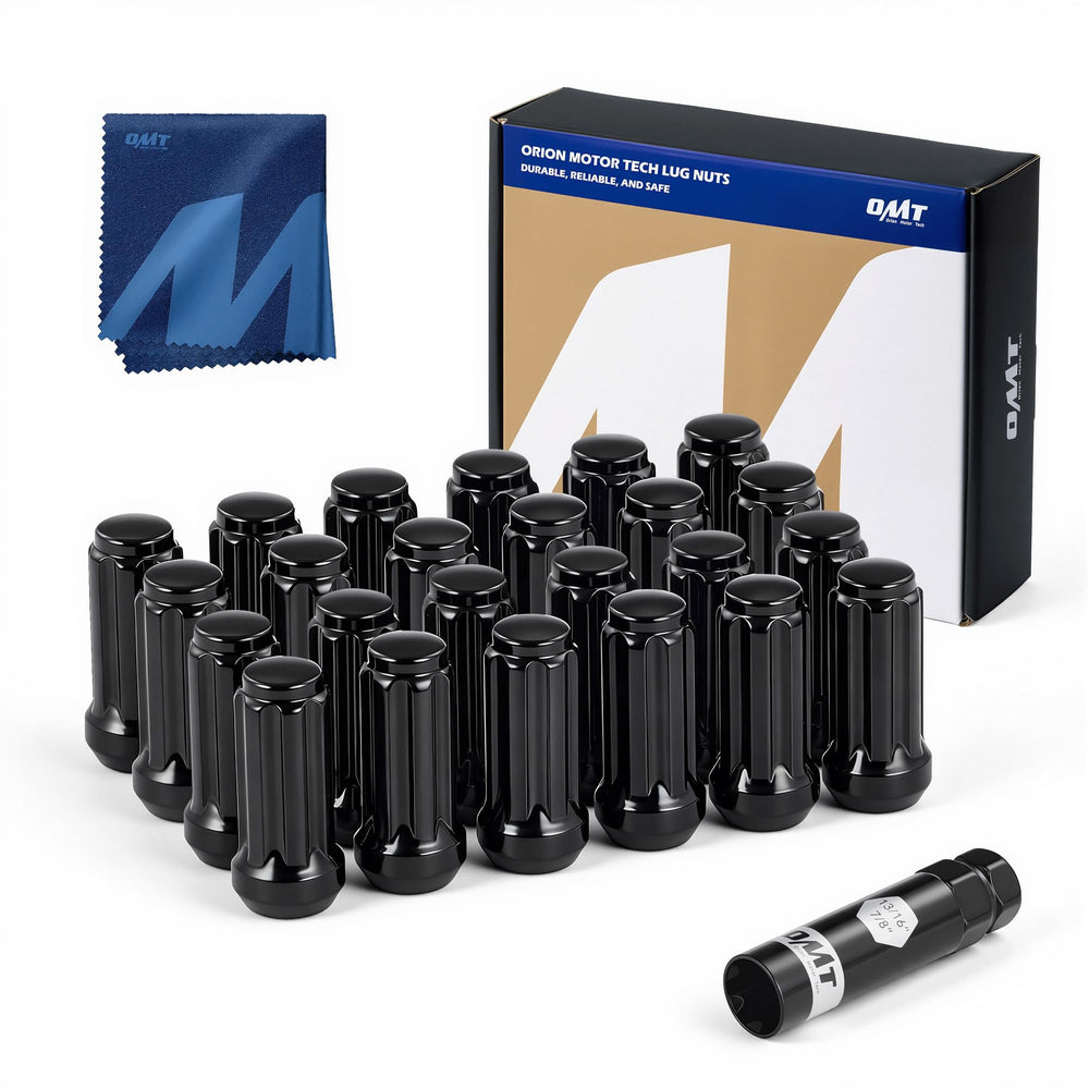 Orion Motor Tech front packaging showing full 24-piece lug nut set and socket key benefit: complete replacement kit