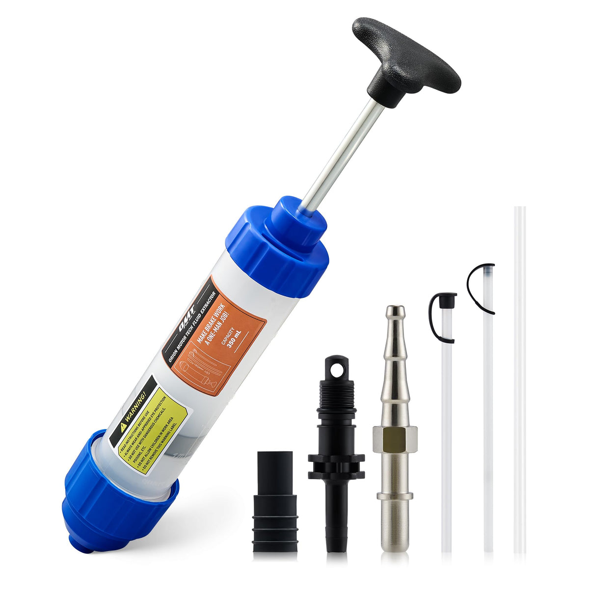 Orion Motor Tech front view of blue 350mL syringe pump showing compact design and easy handling