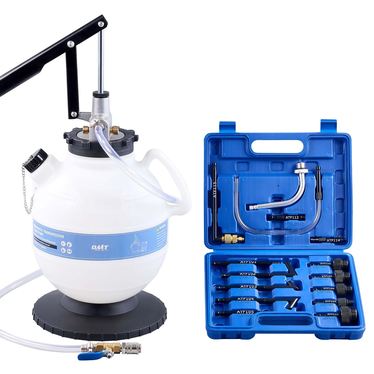 Orion Motor Tech front view of 2-gallon ATF pump showing tank and handle for easy transport