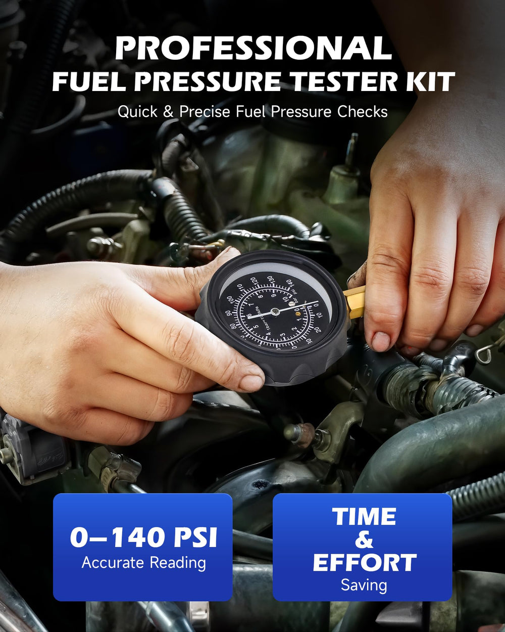 Orion Motor Tech gauge close-up with dual calibration and shockproof casing for accuracy