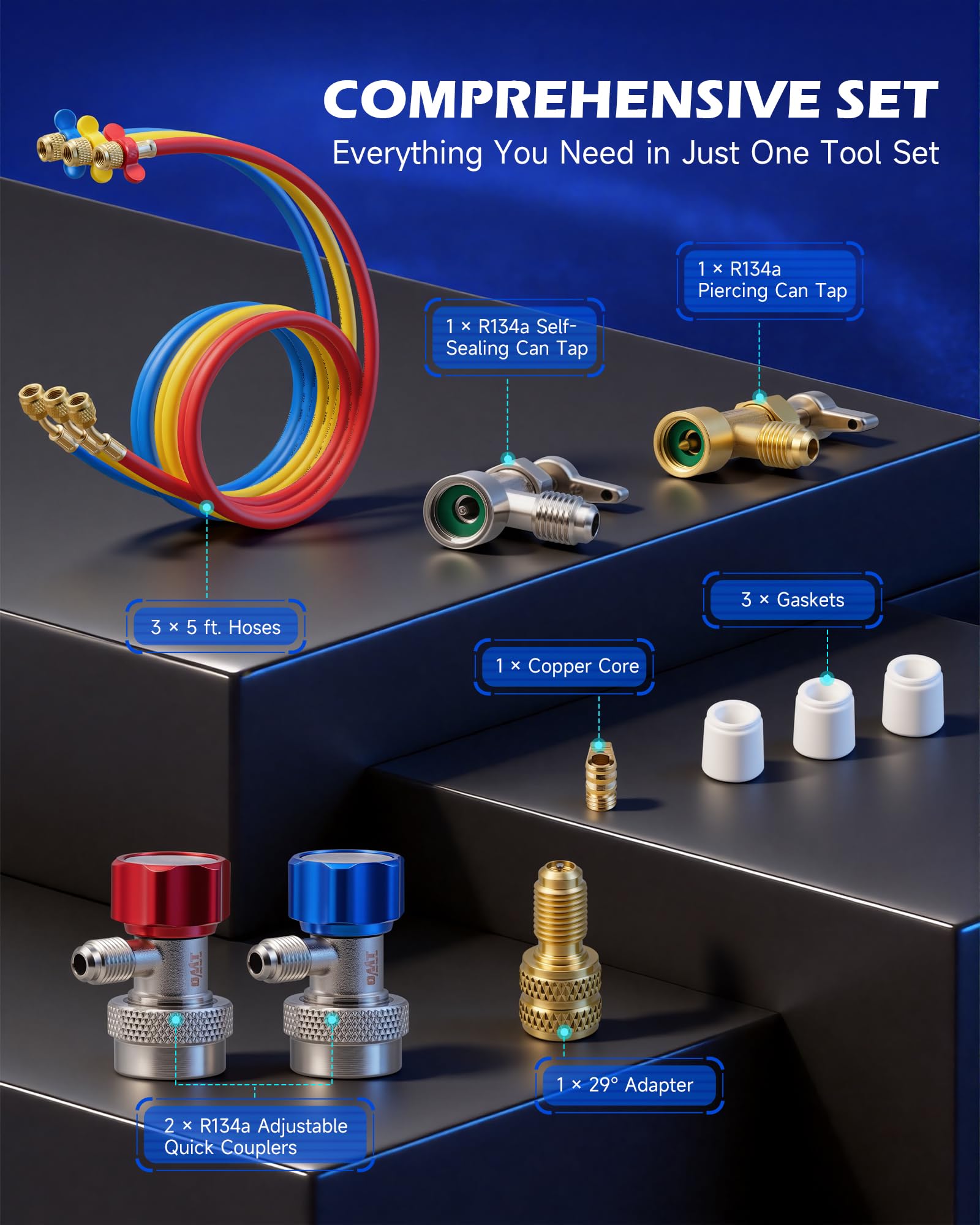 Orion Motor Tech color-coded red blue yellow 5ft hoses for safe quick connections