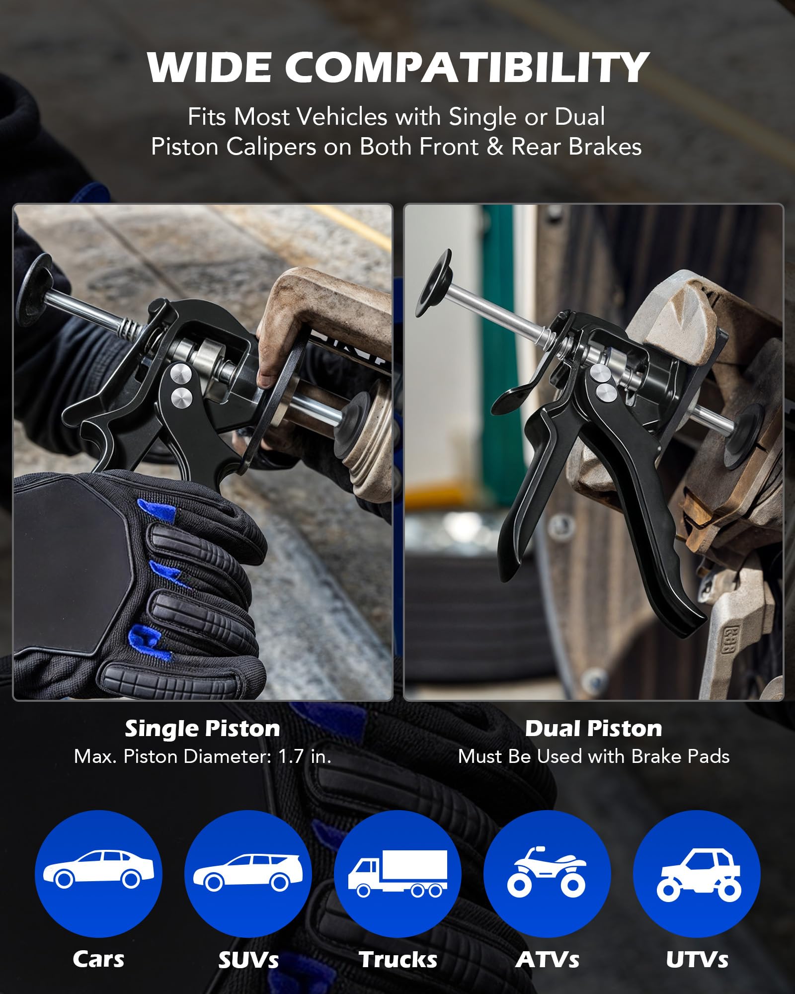 Orion Motor Tech compressor in use on a dual-piston caliper speeding brake pad service