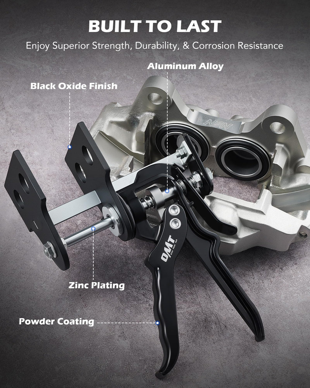 Orion Motor Tech caliper tool in a garage scene aiding DIY brake maintenance
