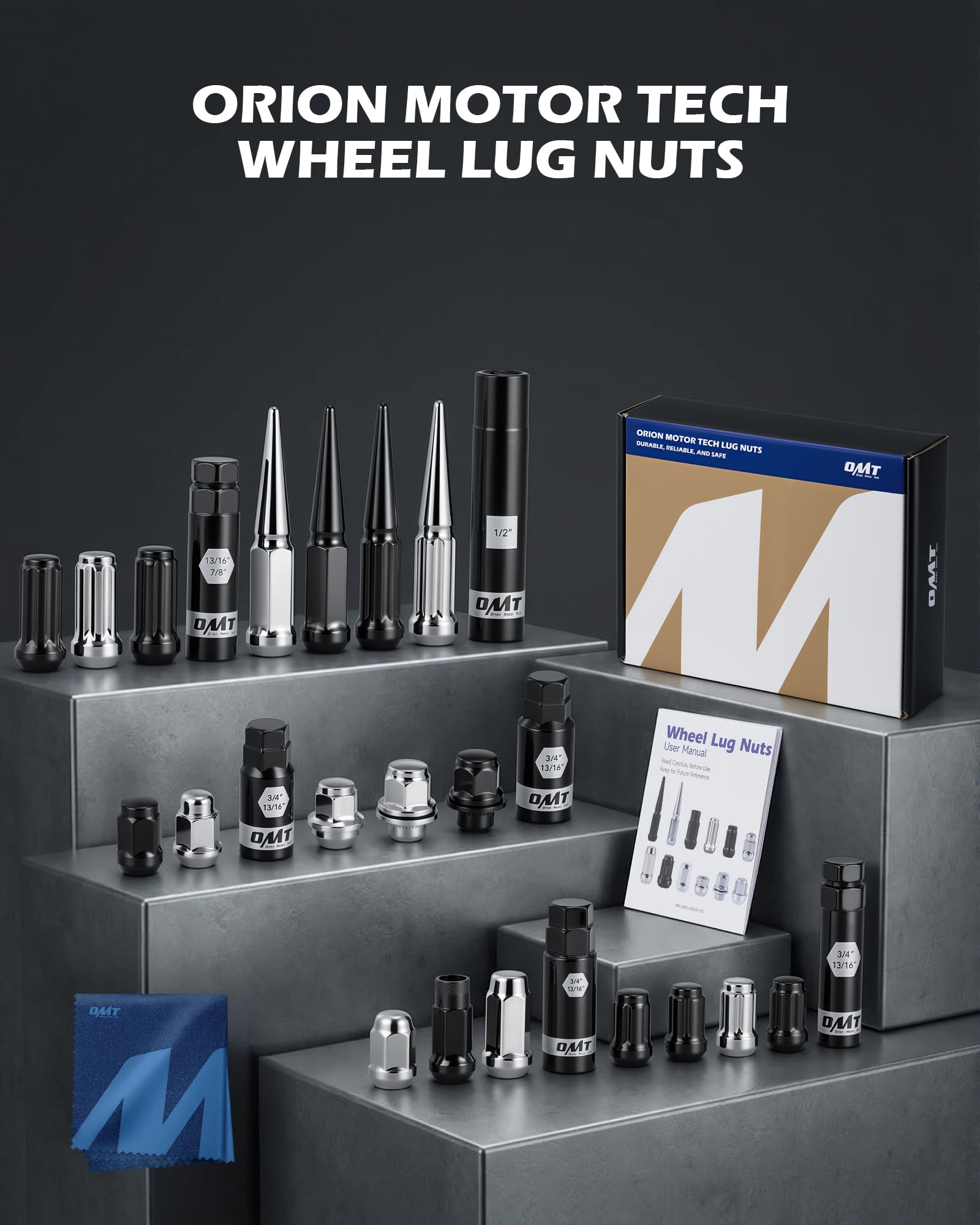 Orion Motor Tech lug nuts on workbench in garage illustrating mechanic-ready kit