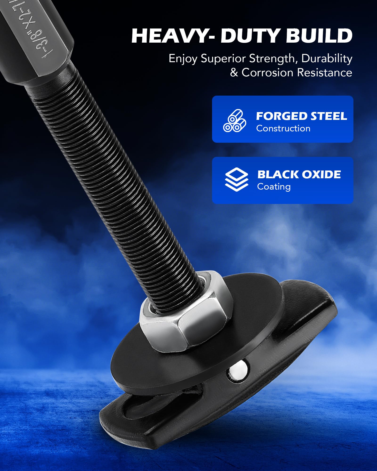 Orion Motor Tech blackened steel finish and galvanized nuts indicating corrosion resistance