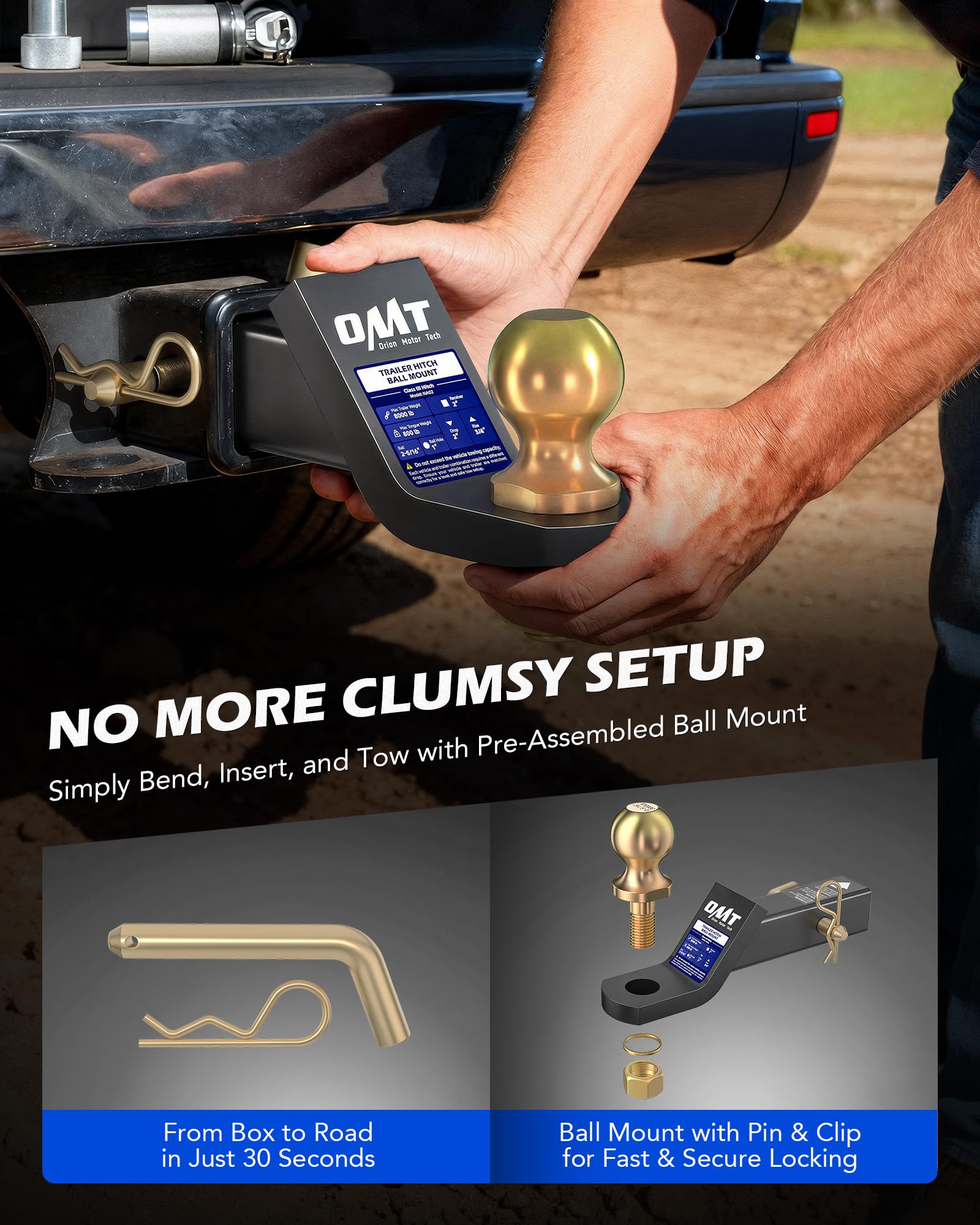 Orion Motor Tech pin and clip detail showing tool-free secure connection benefit