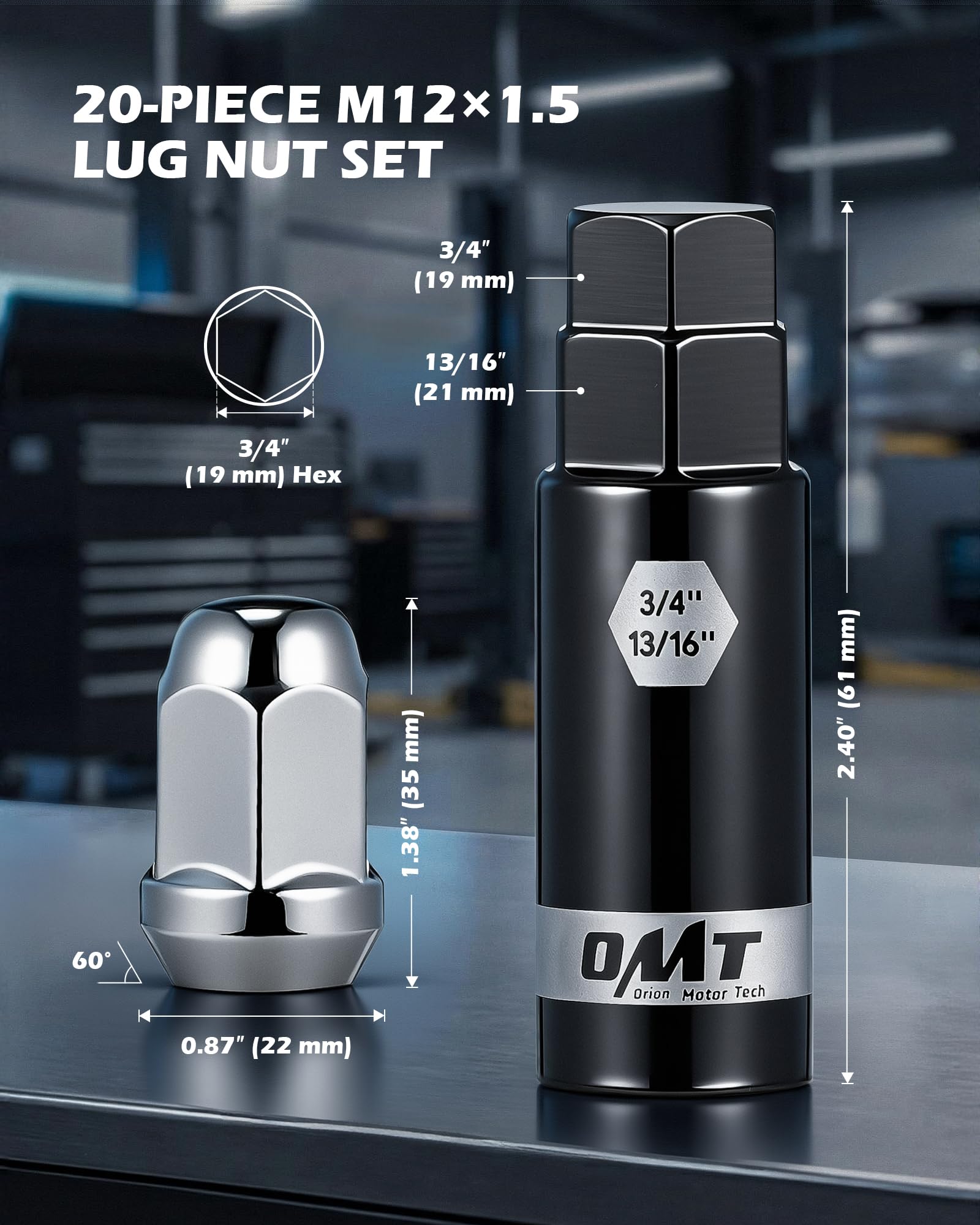 Orion Motor Tech close-up of one chrome-plated cone-seat lug nut showing shape and finish