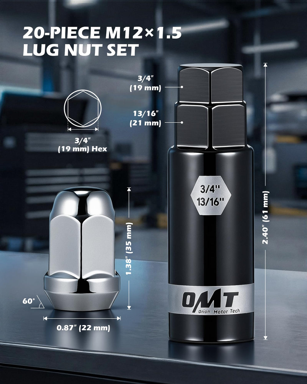 Orion Motor Tech close-up of one chrome-plated cone-seat lug nut showing shape and finish