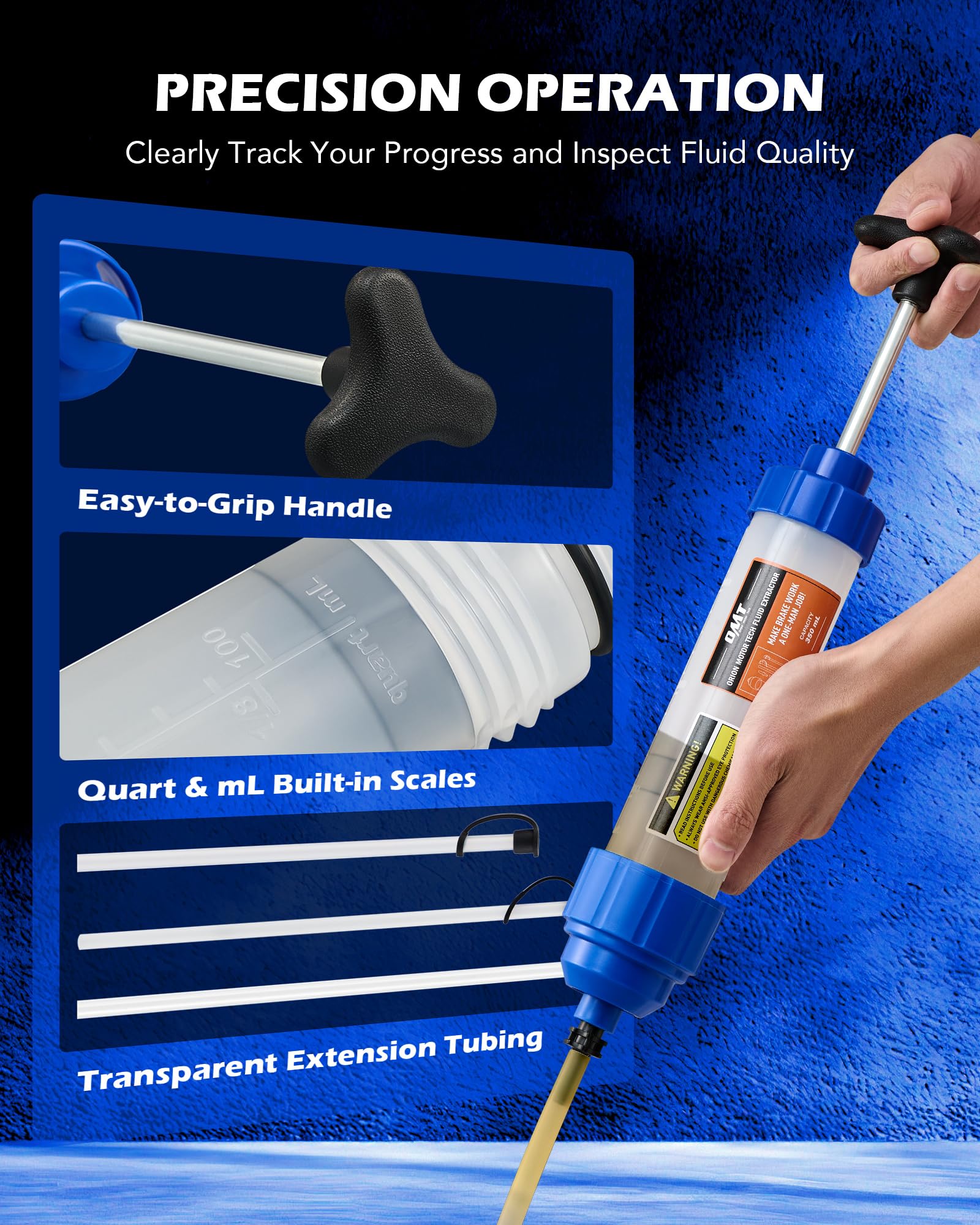 Orion Motor Tech syringe pump beside a ruler showing 350 mL scale for size and capacity reference