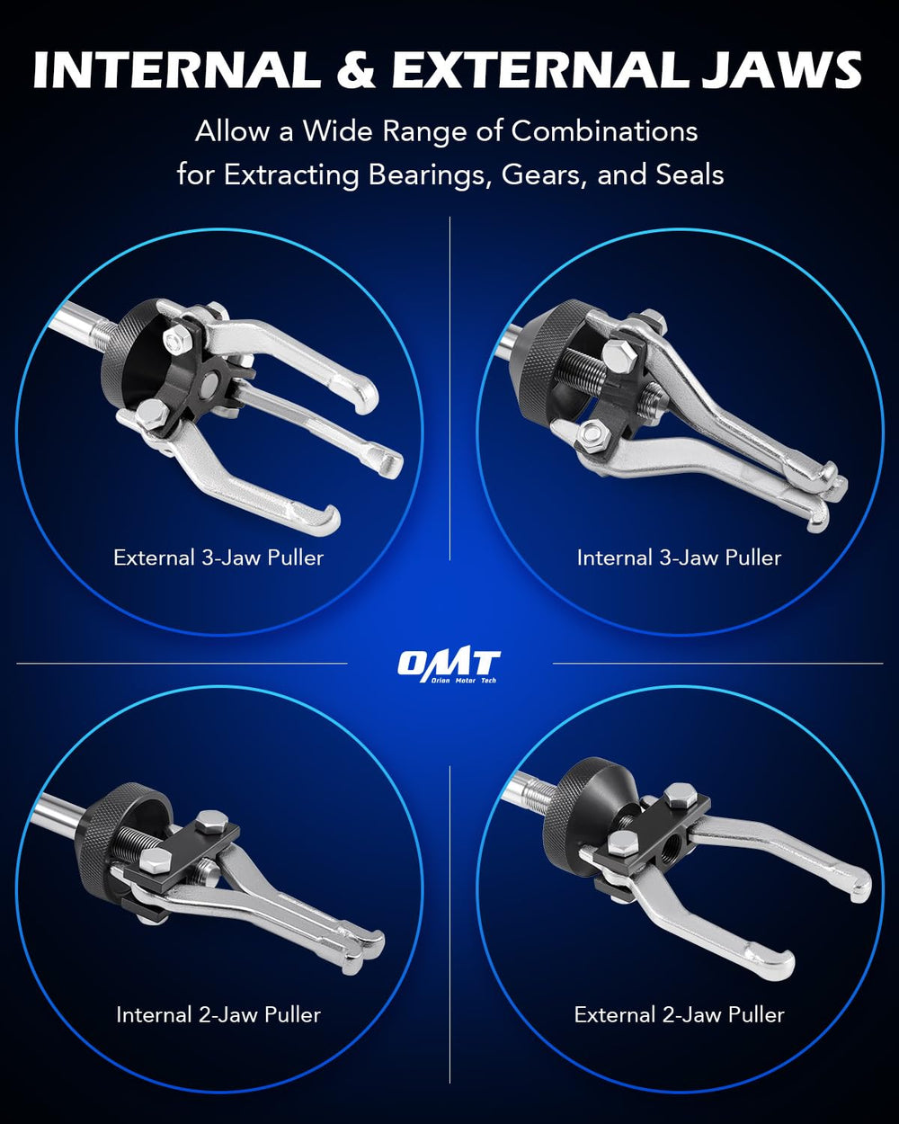 Orion Motor Tech individual components spread showing adapters and cone puller for versatile jobs