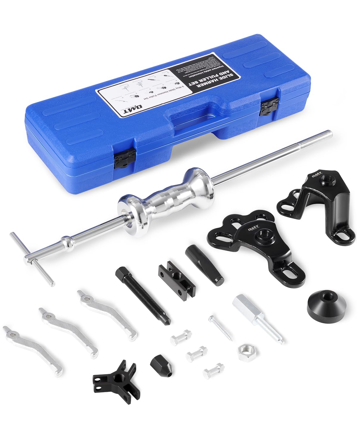 Orion Motor Tech slide hammer kit front layout showing organized tools and case for quick selection