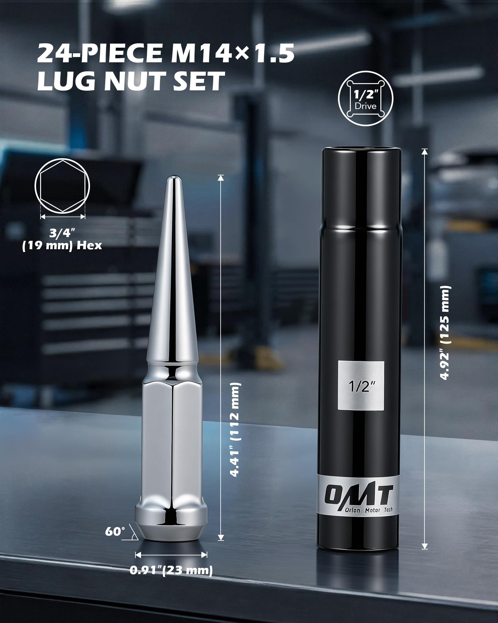 Close-up of Orion Motor Tech spike lug nut detail highlighting finish and aggressive cone profile for style