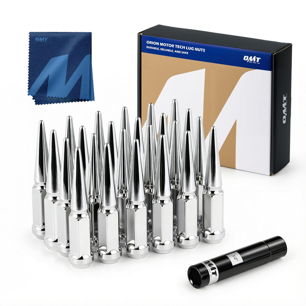 Orion Motor Tech front packaging showing 24-piece spike lug nut kit and socket key, clear identification benefit