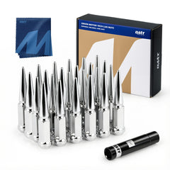 Orion Motor Tech front packaging showing 24-piece spike lug nut kit and socket key, clear identification benefit