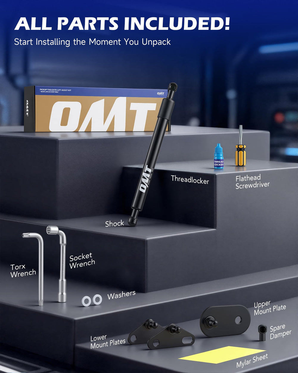 Orion Motor Tech tailgate assist beside a ruler showing compact size and fitment