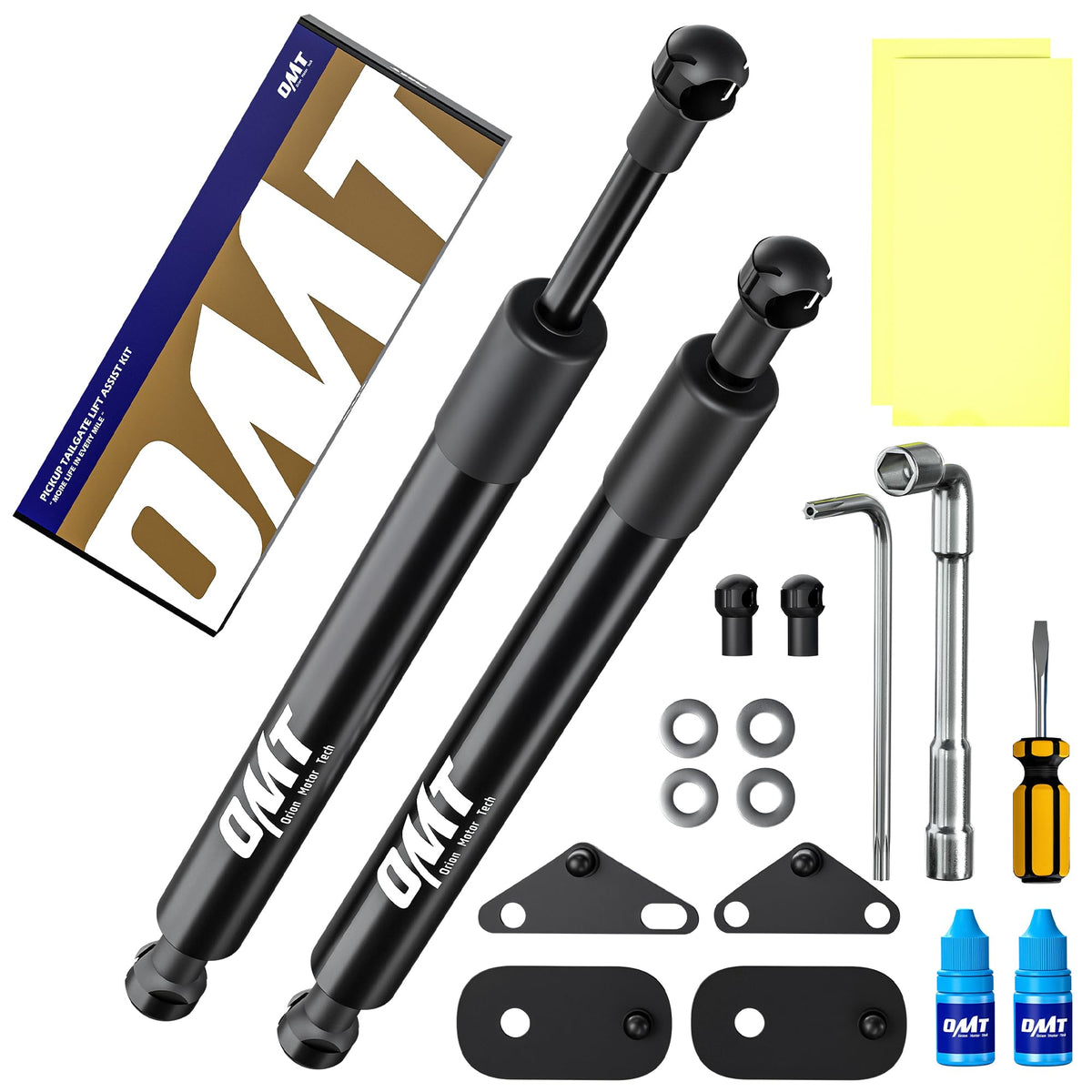 Orion Motor Tech front view of both tailgate shock absorbers showing fit and finish for easy upgrade