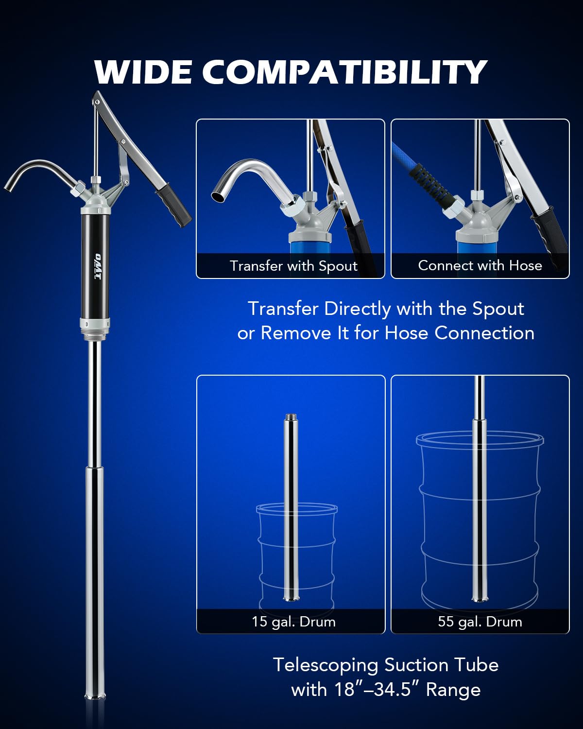 Orion Motor Tech telescoping suction tube extended to show adjustable drum fit and depth control