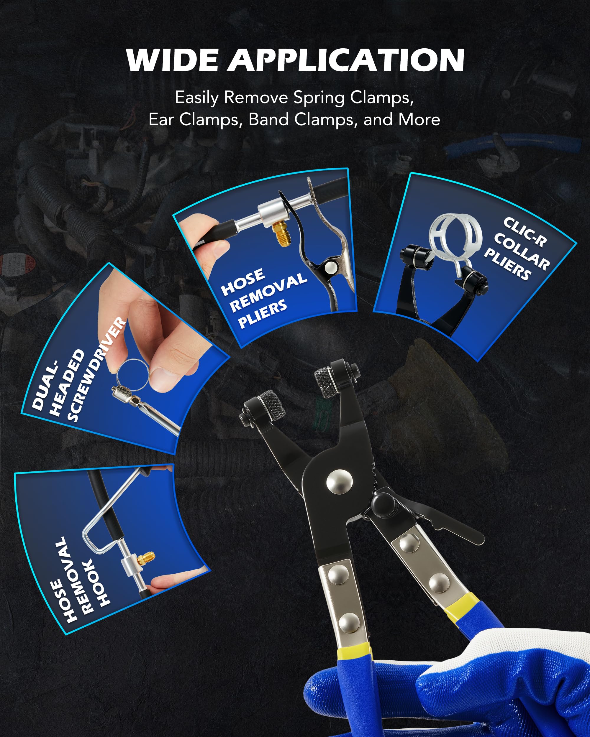 Orion Motor Tech plier being used under hood for safe clamp removal