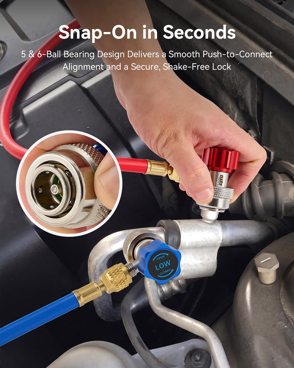Orion Motor Tech 45-degree angled adapter installed in a tight R410a service port for easier access