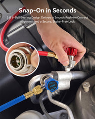 Orion Motor Tech 45-degree angled adapter installed in a tight R410a service port for easier access