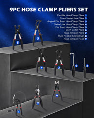 Orion Motor Tech close-up of pliers array showing different jaw types for versatile clamp removal