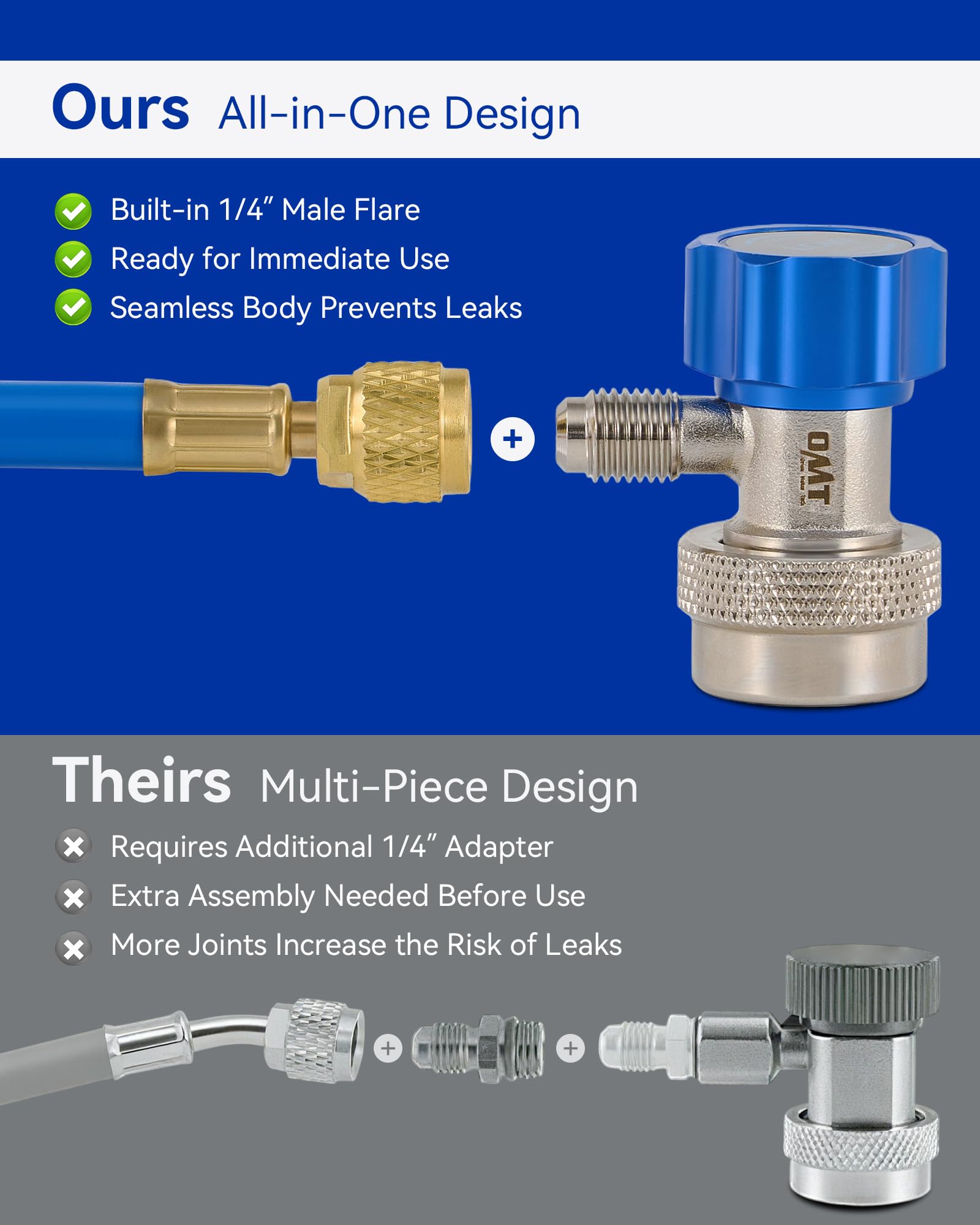 Orion Motor Tech quick coupler snapping onto a service port to lock hoses securely for accurate readings