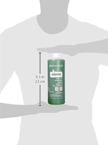 Ospho 605 next to a tape measure for scale, clarifies 32 fl oz bottle size