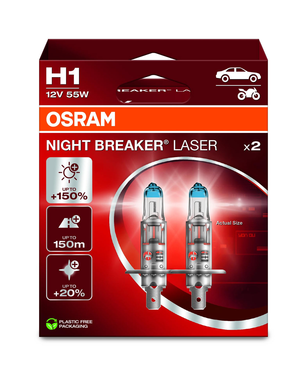 OSRAM front packaging showing two H1 bulbs and retail box, clear product ID and benefit