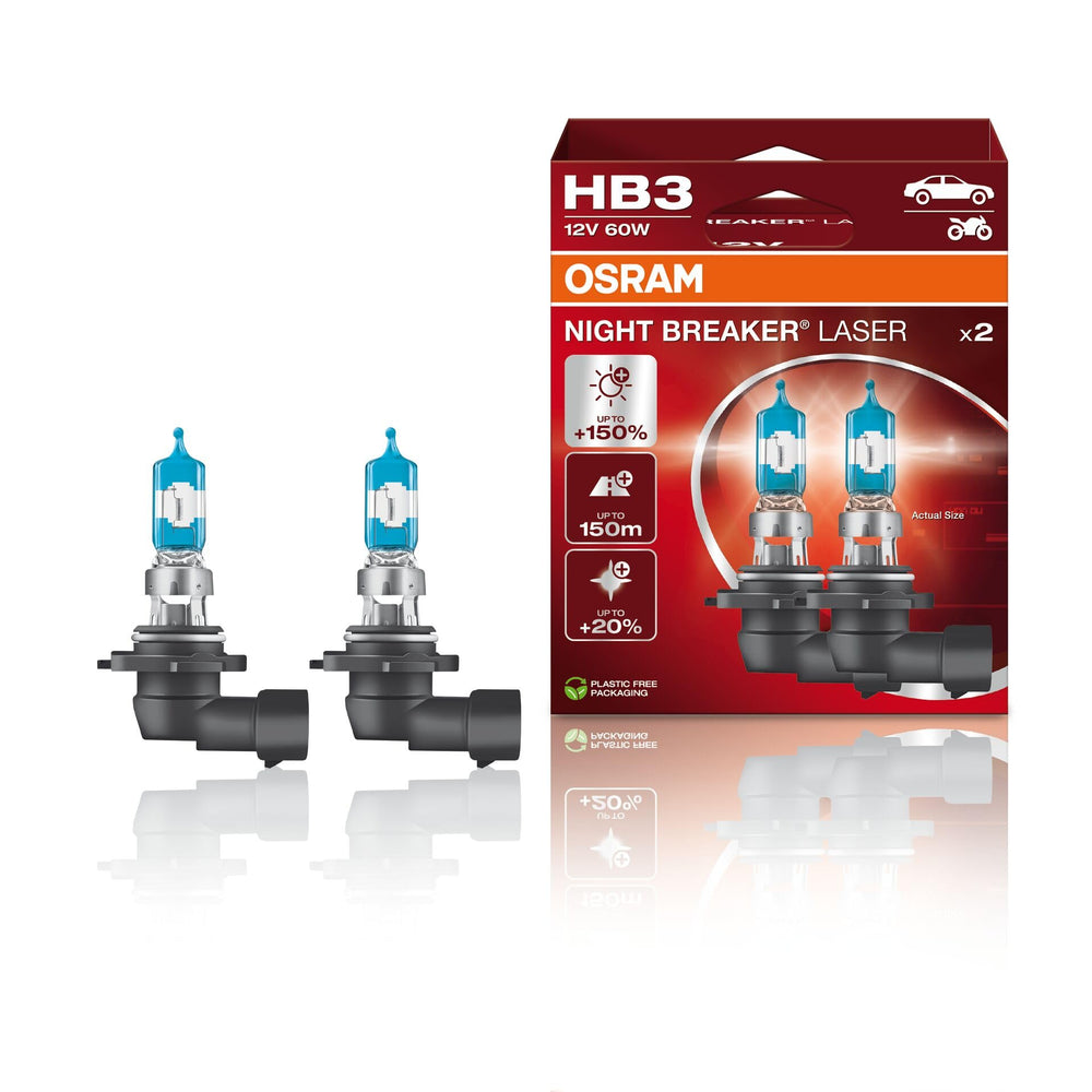 OSRAM Night Breaker Laser HB3 beam pattern on a dark road illustrating brighter, farther visibility
