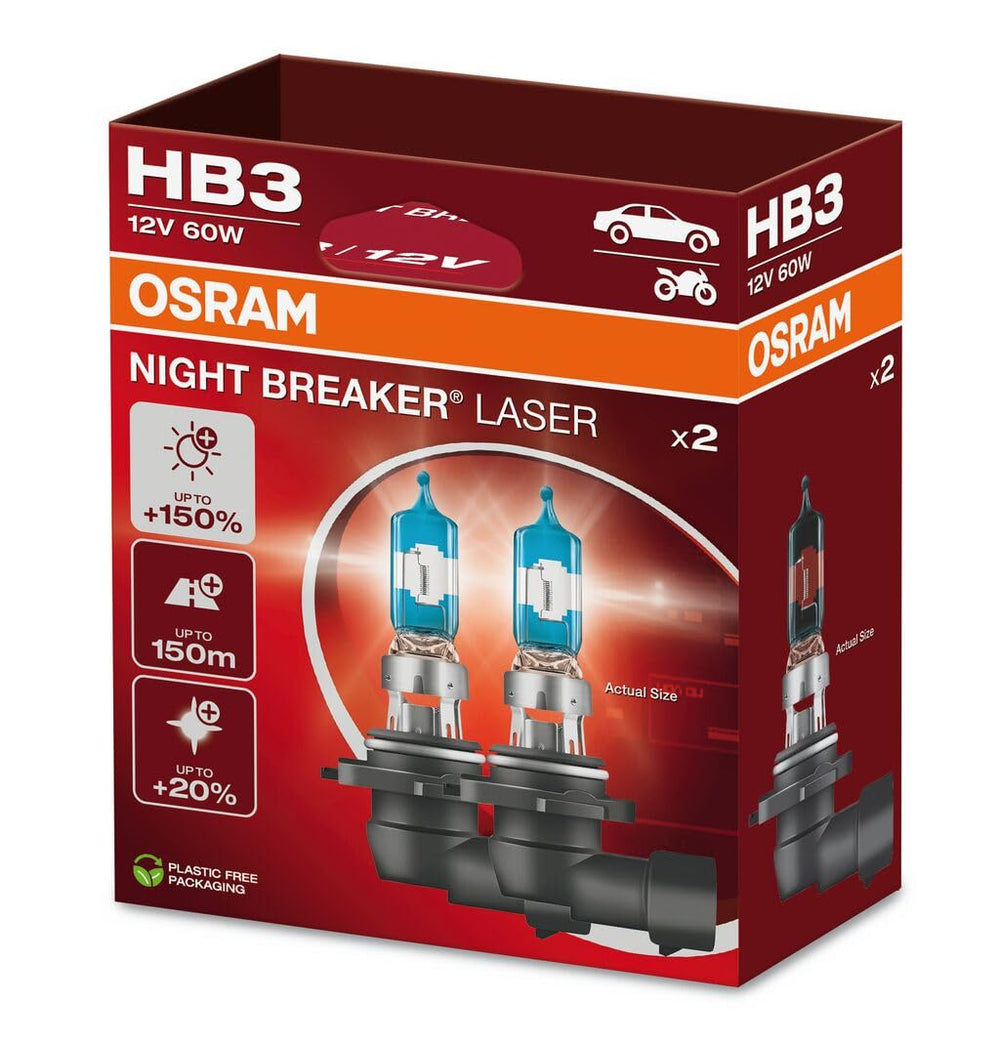 OSRAM Night Breaker Laser HB3 front packaging showing twin hanging box and product benefit
