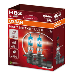 OSRAM Night Breaker Laser HB3 front packaging showing twin hanging box and product benefit