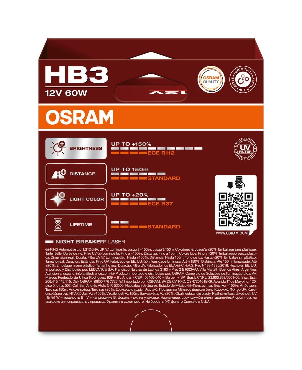 OSRAM Night Breaker Laser HB3 next to ruler showing bulb size and fitment reassurance