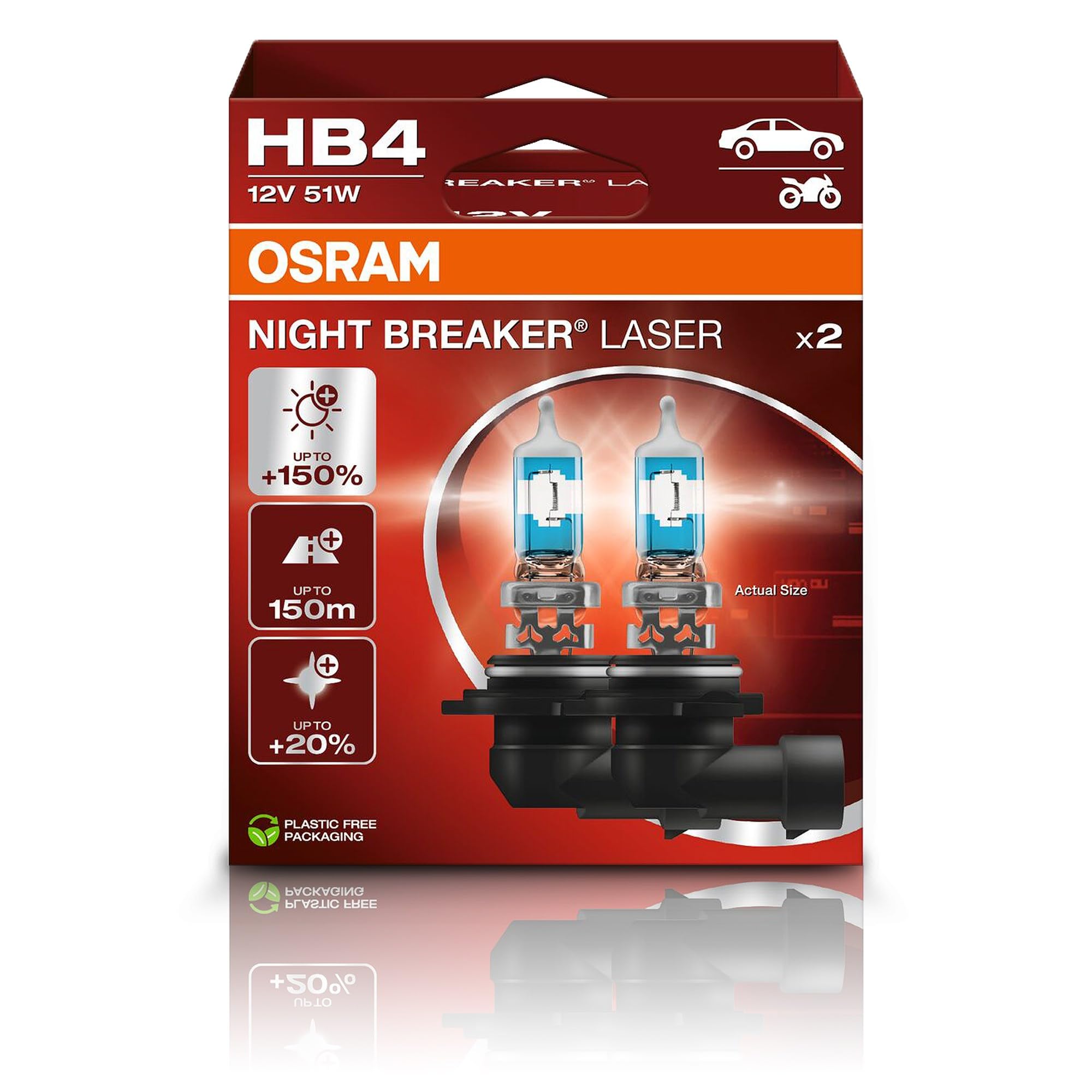 OSRAM Night Breaker Laser front packaging showing two HB4 bulbs and benefit of brighter light