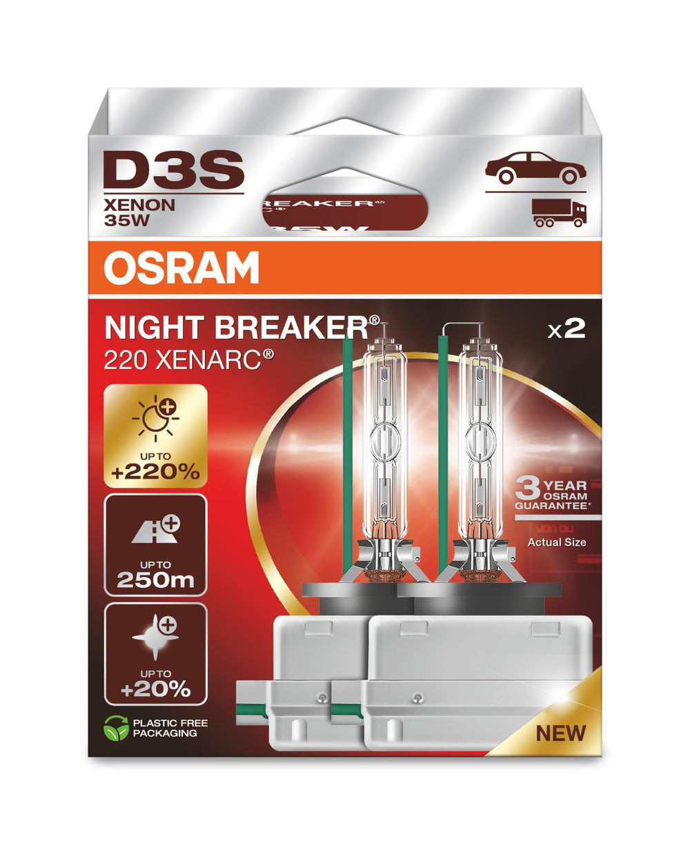 OSRAM Xenarc Night Breaker 220 front packaging showing twin boxed lamps and model number