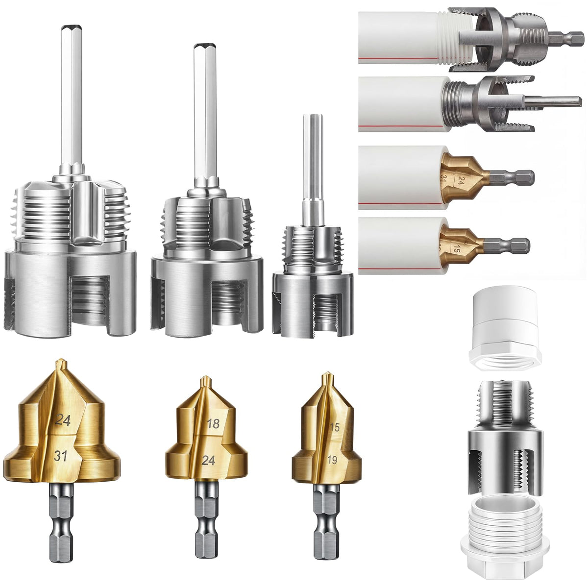 Otoolling front view of three-size threading tools showing compact kit for quick repairs