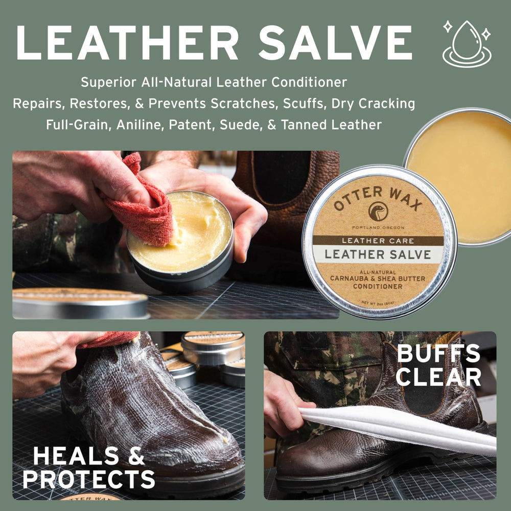 Otter Wax boot wax spread on boot demonstrating water-resistant finish
