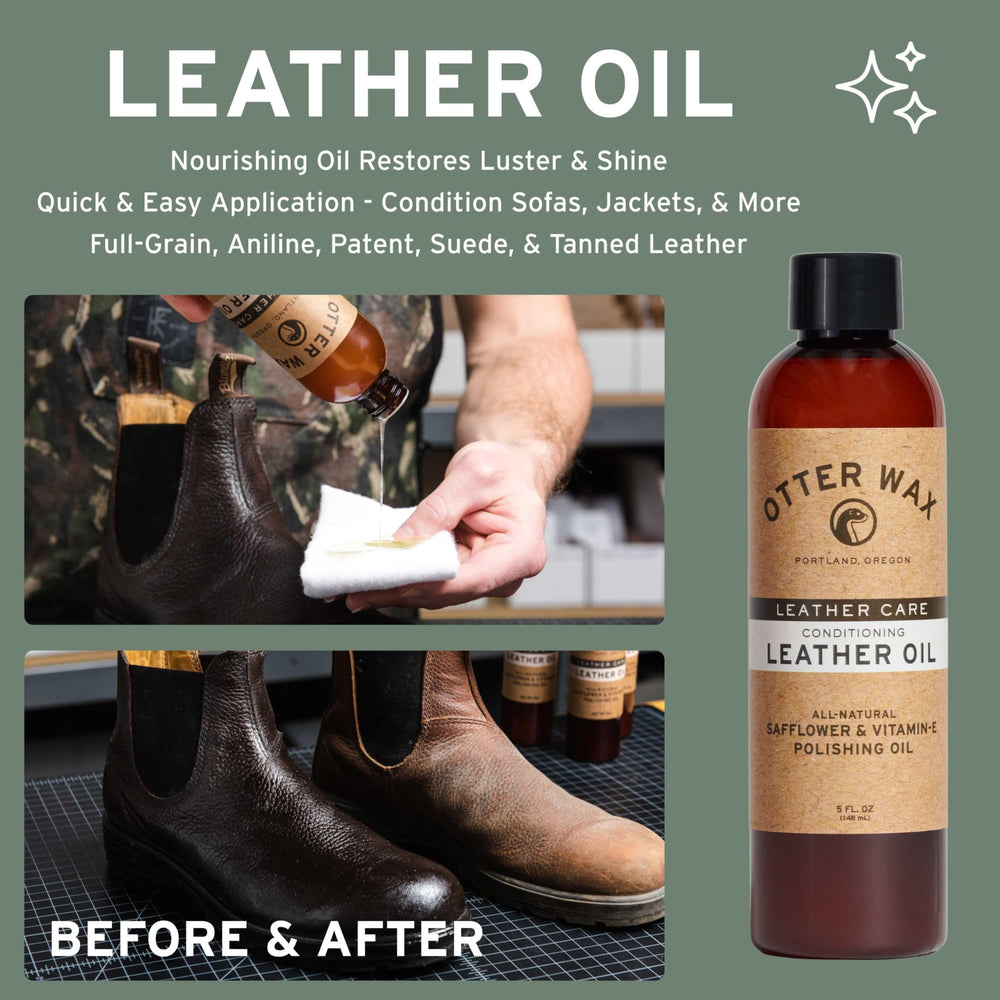 Otter Wax leather oil being applied showing fast absorption and nourishment