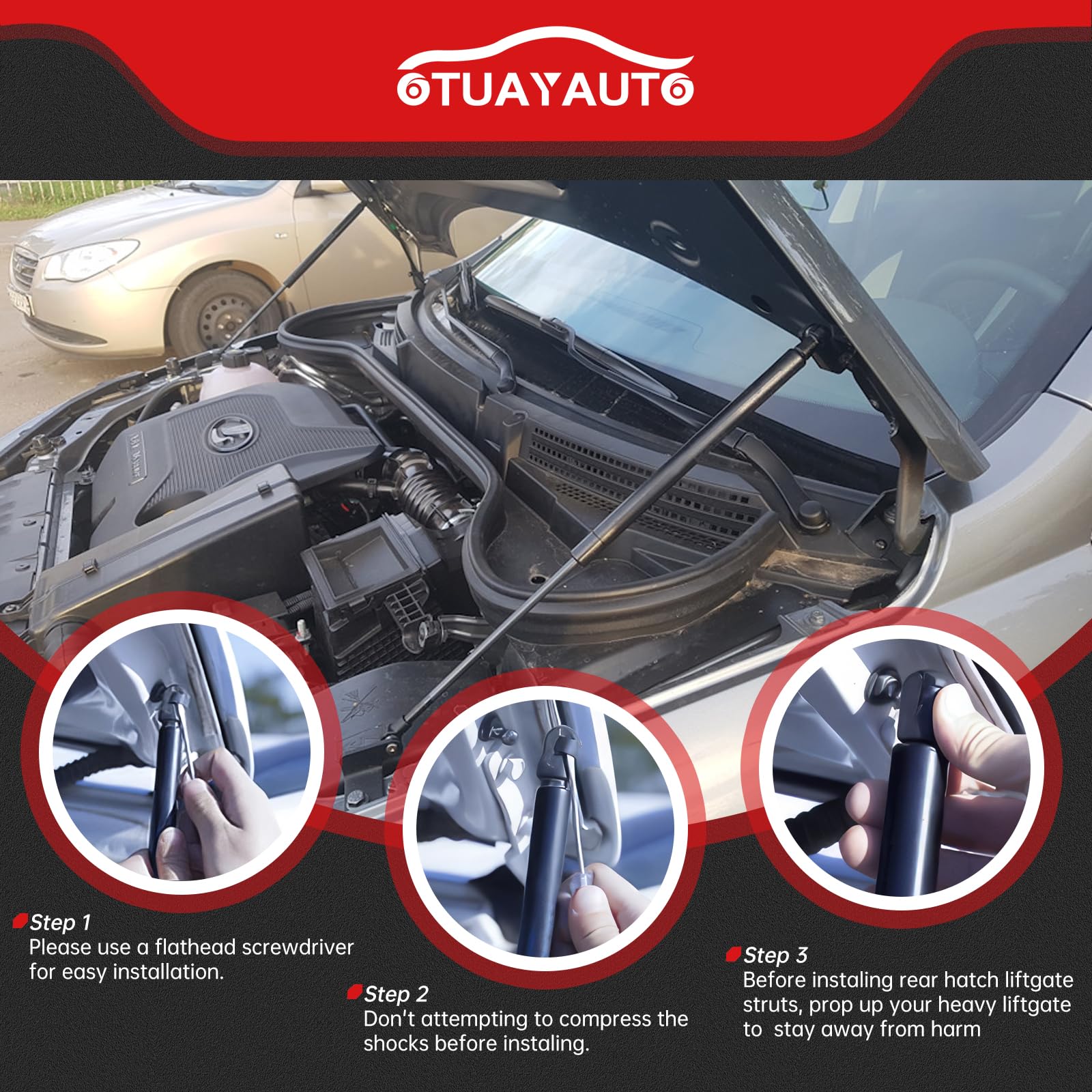 OTUAYAUTO hood strut in garage setting illustrating safe hands-free hood