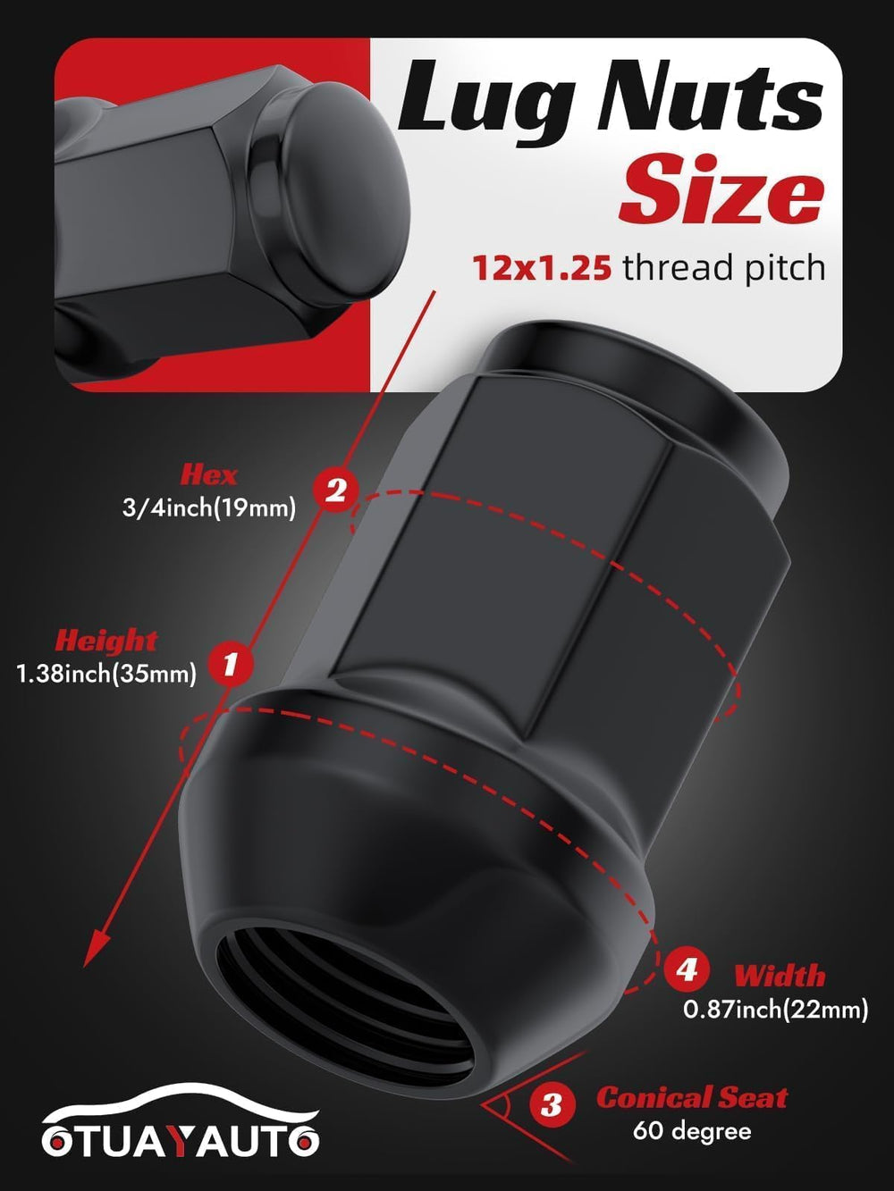 OTUAYAUTO side profile showing 35mm height and 60° tapered seat dimensions