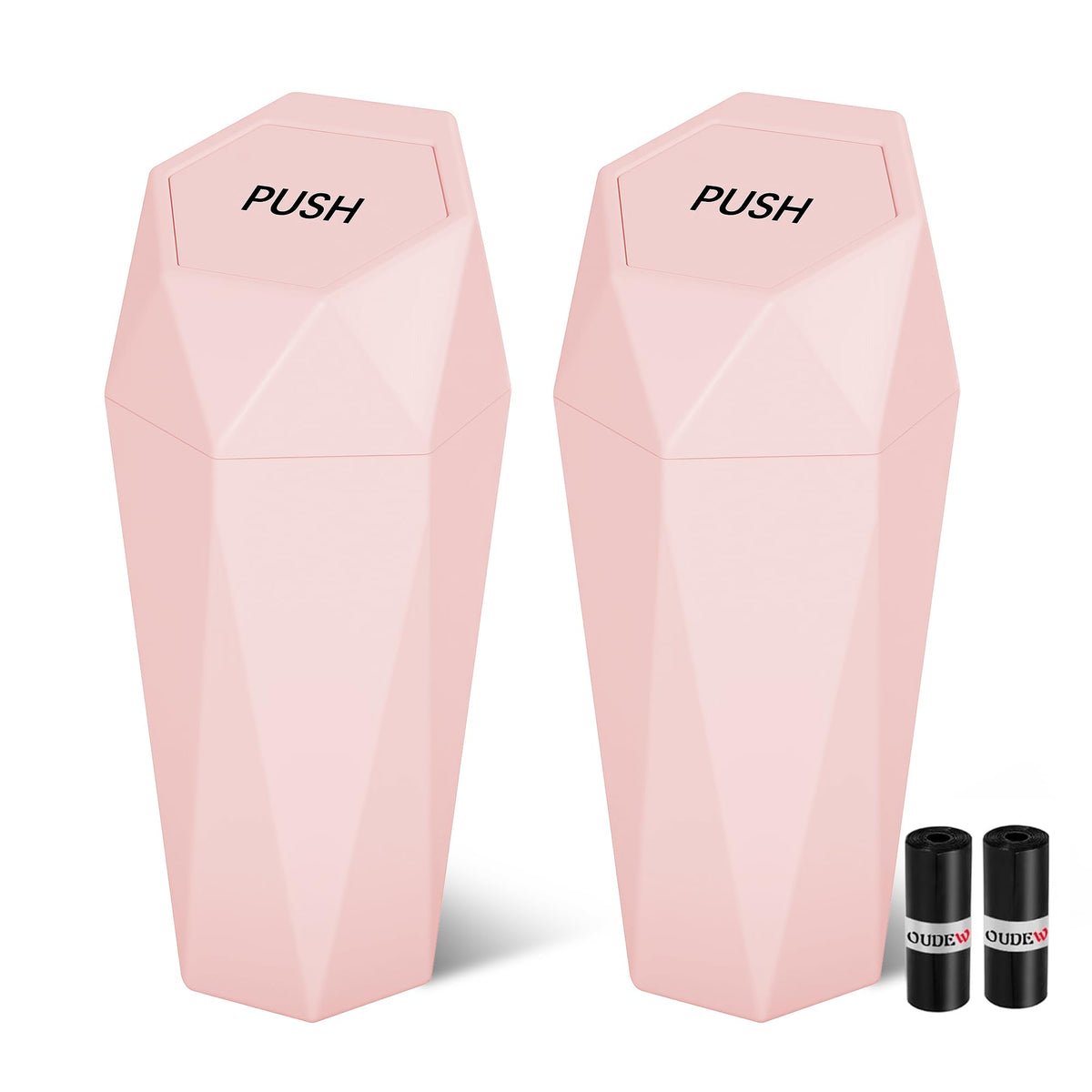 OUDEW front view of pink trash can showing compact design and style benefit