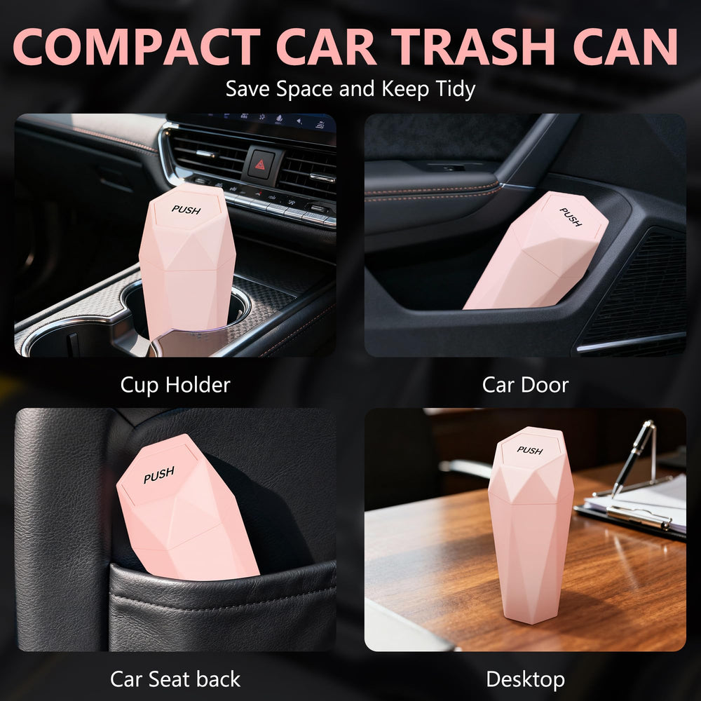 OUDEW trash can placed in car cup holder showing space-saving benefit