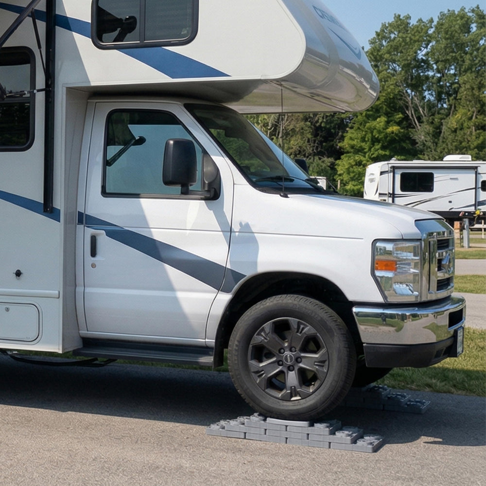 OULEME leveling blocks at a campsite showing easy storage and reliable leveling