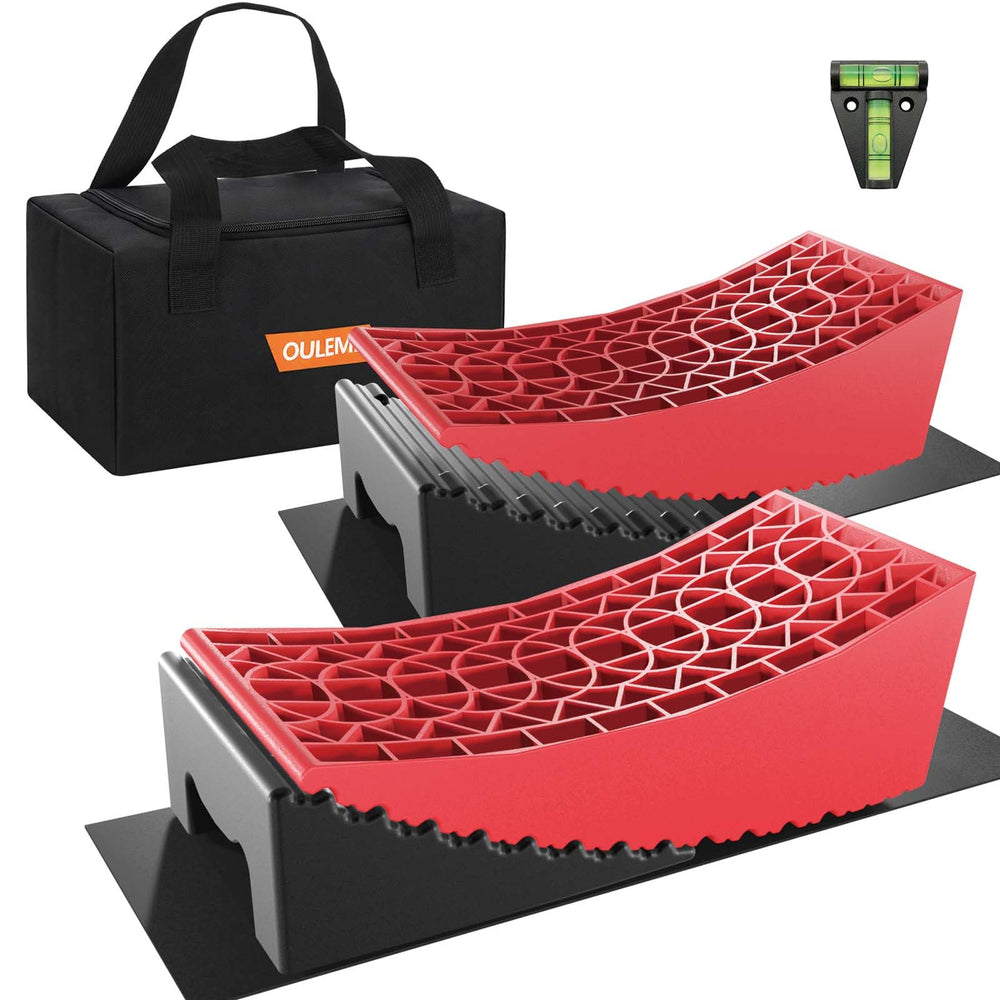 OULEME complete kit laid out showing ramps chocks mats bubble level bag for quick setup